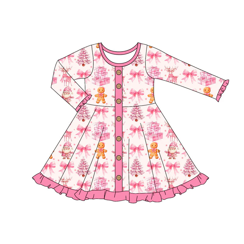 7.11Preorder (moq 5)Baby Girls Long Ruffle Sleeves Pink Bows Gingerbread Button Knee Length Dresses