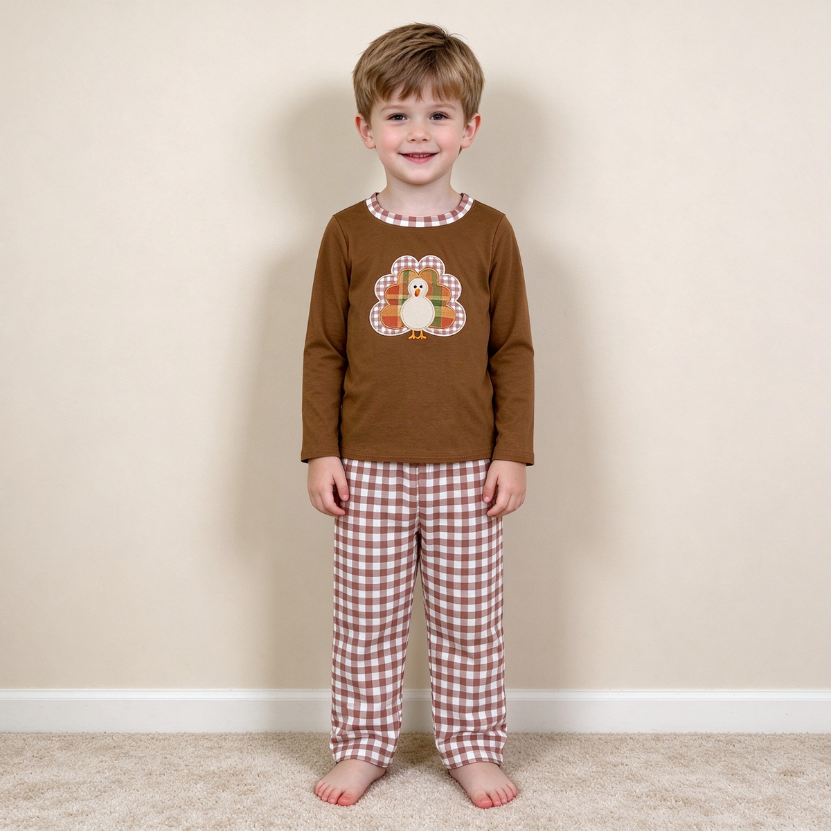 NEW RTS NO MOQ milk silk BLP1516 Embroidery Turkey Baby Boys Top Checked Pants Thanksgivings Clothes Set