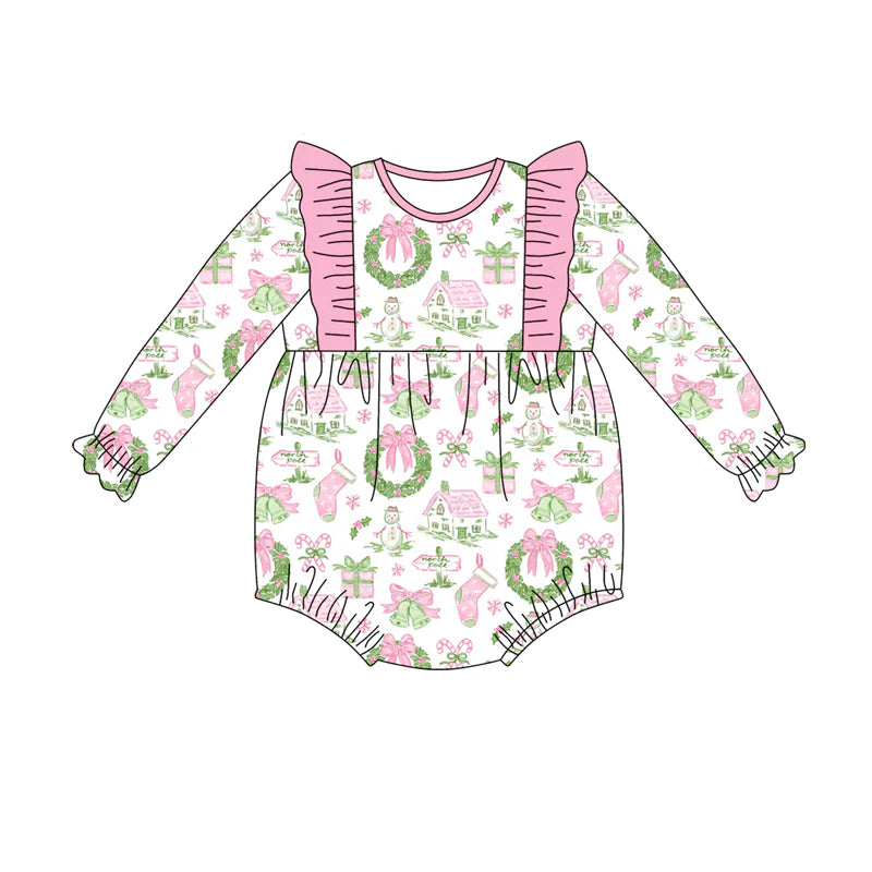 7.19Preorder(moq 5)Baby Girls Holly Snowman Plaid Ruffle Rompers