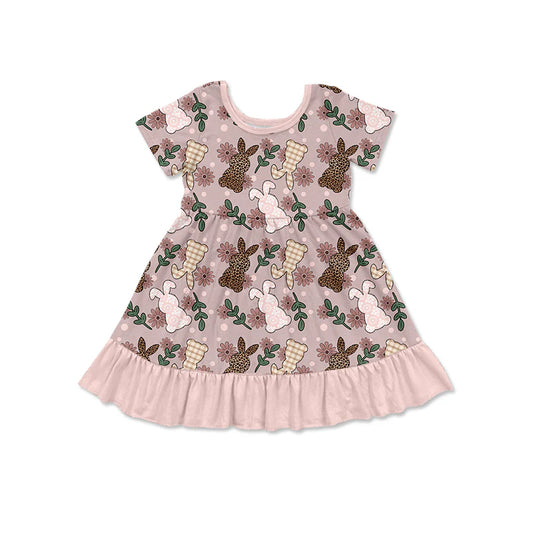 X12.17Preorder (moq 5)Baby Girls Leopard Rabbits Flowers Easter Ruffle Knee Length Dresses