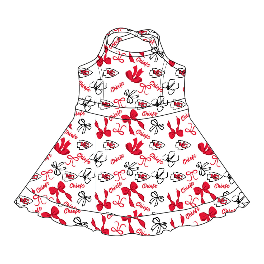 6.30Preorder (moq 5)Baby Girls Strap Red Bows Plaid KC Shorts Ruffle Team Knee Length Dresses
