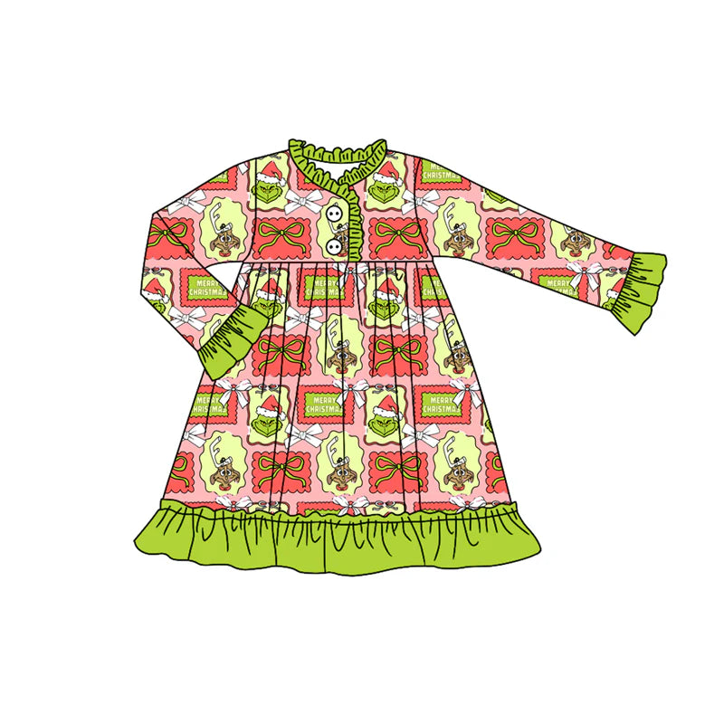8.2Preorder (moq 5)Baby Girls Christmas Green Face Bows Plaid Button Ruffle Knee Length Dresses