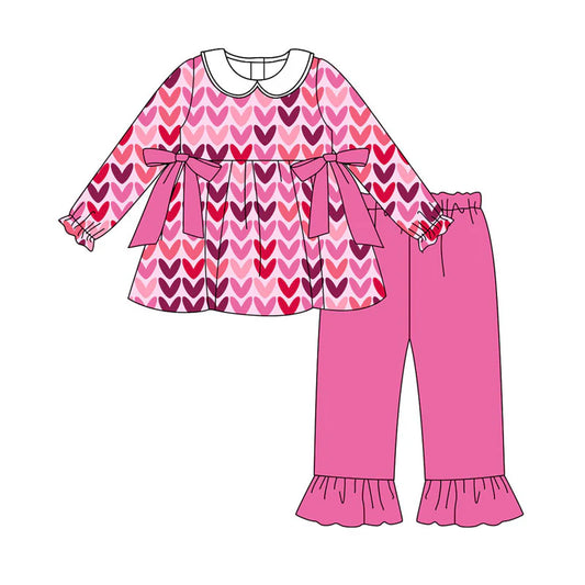 X101Preorder (moq 5)Baby Girls Pink Hearts Bows Tunic Ruffle Pants Valentine Clothes Sets