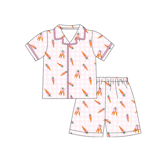 X12.18 Preorder (moq 5)Baby Girls Bows Carrots Checked Button Top Shorts Easter Pajamas Setss（副本）