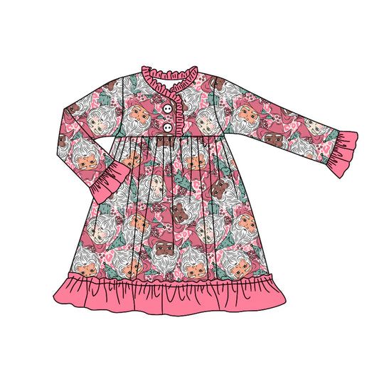 7.11Preorder (moq 5)Baby Girls Long Ruffle Sleeves Pink Leopard Santa Button Knee Length Dresses