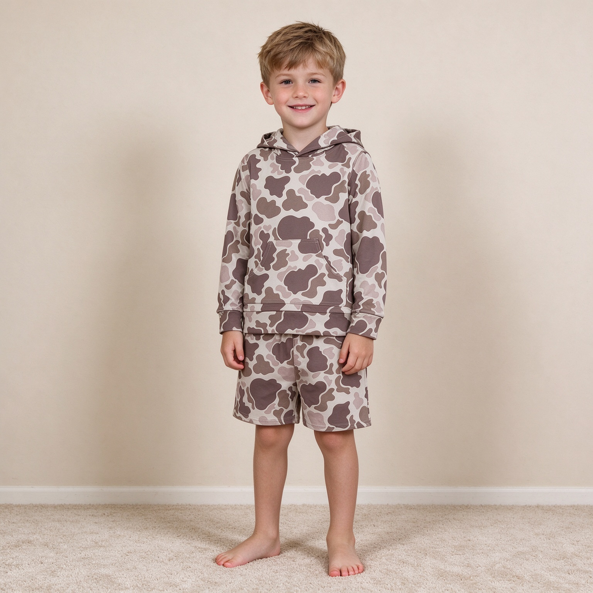 NEW RTS NO MOQ milk silk BLS0050 Baby Boys Long Sleeve Khaki Camo Hoodie Top Pocket Short Clothes Set
