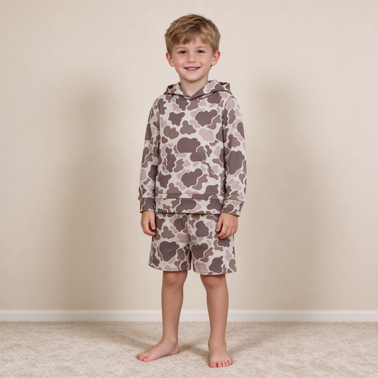 NEW RTS NO MOQ milk silk BLS0050 Baby Boys Long Sleeve Khaki Camo Hoodie Top Pocket Short Clothes Set