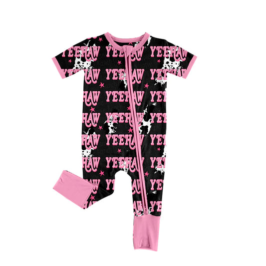 X919 (moq 5)Baby Girls Cow Print Lights Yeehaw Western Zipper Footie Rompers
