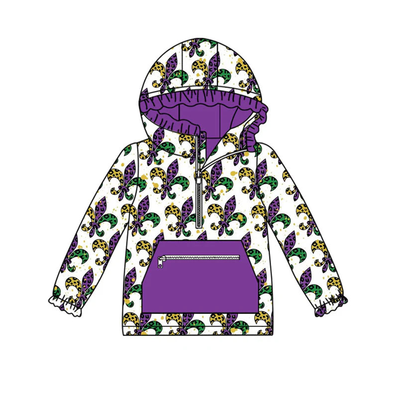 X926Preorder (moq 5)Baby Girls Anchors Checked Pocket Zipper Mardigras Ruffle Hoodies Top