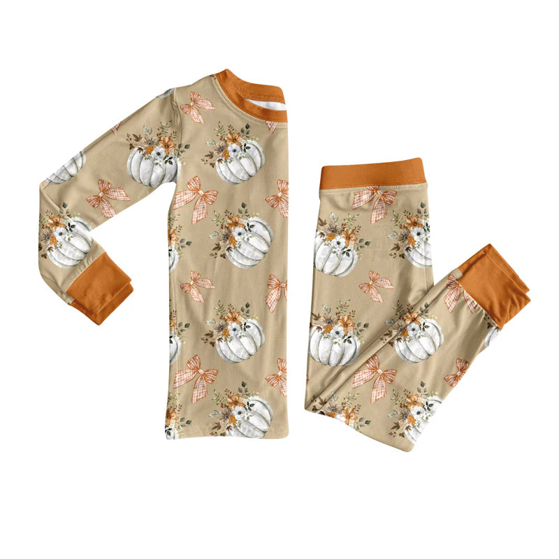 X917Preorder (moq 5)Baby Girls Long Sleeves Bows Pumpkins Plaid Top Pants Pajamas Set