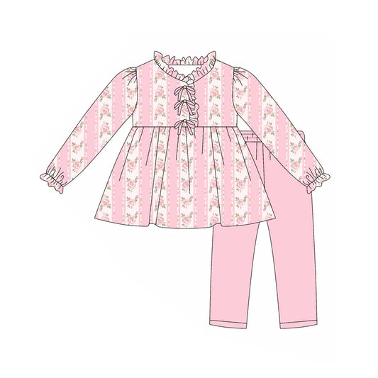 7.31Preorder(moq 5) Baby Girls Long Ruffle Sleeves Pink Flowers Stripe Tunic Legging Pants Set