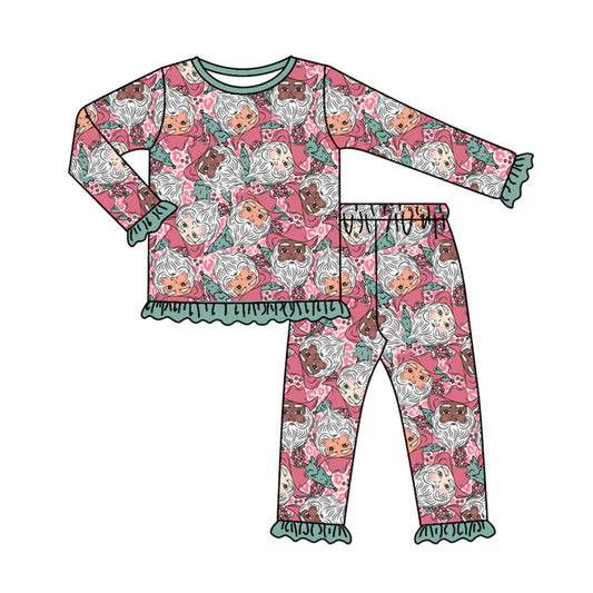 7.10Preorder (moq 5)Baby Girls Long Sleeves Leopard Santa Top Ruffle Pant Pajamas Clothes Set