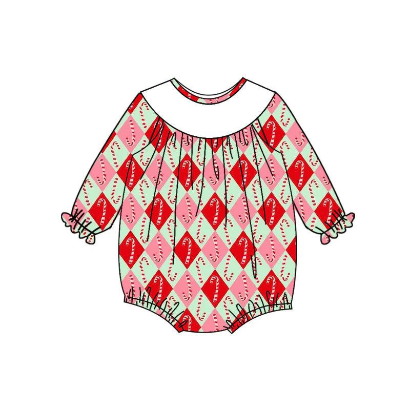 7.15Preorder (moq 5)Baby Girls Long Sleeves Red Green Candy Cane Plaid Ruffle Romper