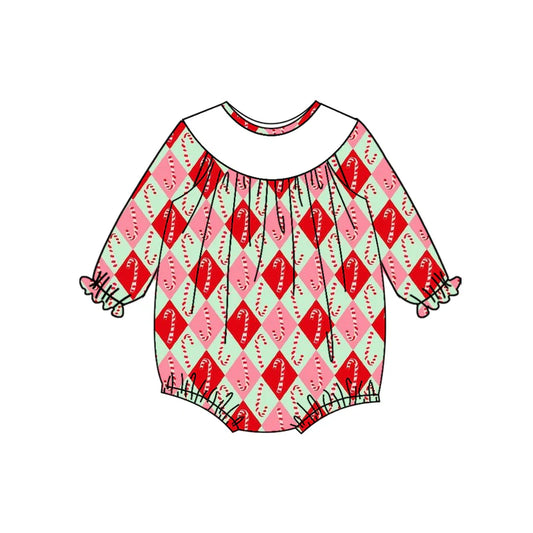 7.15Preorder (moq 5)Baby Girls Long Sleeves Red Green Candy Cane Plaid Ruffle Romper