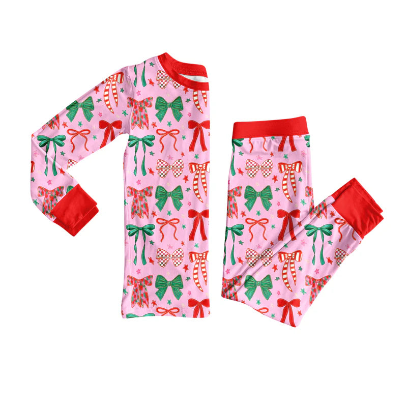 X917Preorder (moq 5)Baby Girls Long Sleeves Green Red Bows Plaid Top Pants Pajamas Set