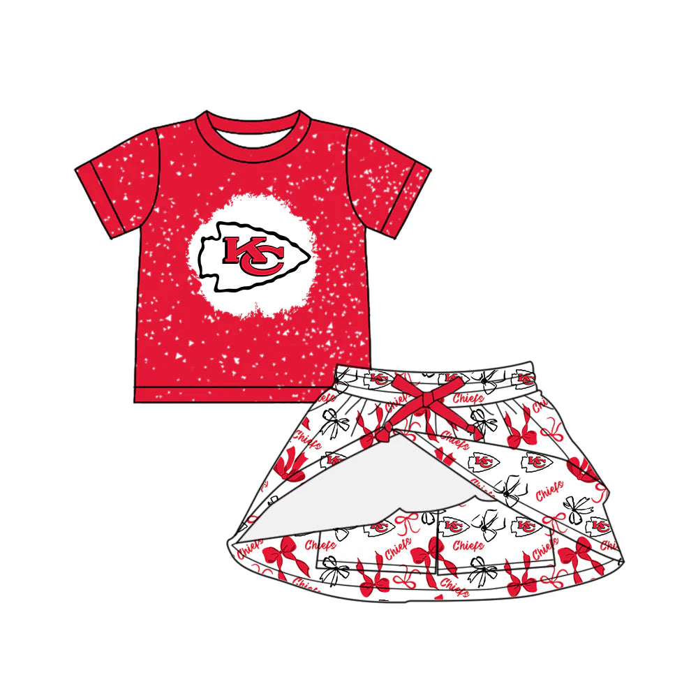 6.30Preorder (moq 5)Baby Girls Red Short Sleeves KC Top Bows Plaid Skorts Team Set