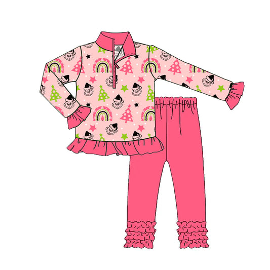 8.8Preorder(moq 5) Baby Girls Pink Christmas Trees Green Face Zipper Pullover Legging Pants Set