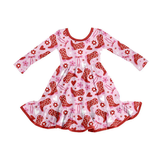 X908Preorder (moq 5)Baby Girls Boots Bows Flowers Valentine Ruffle Knee Length Dresses
