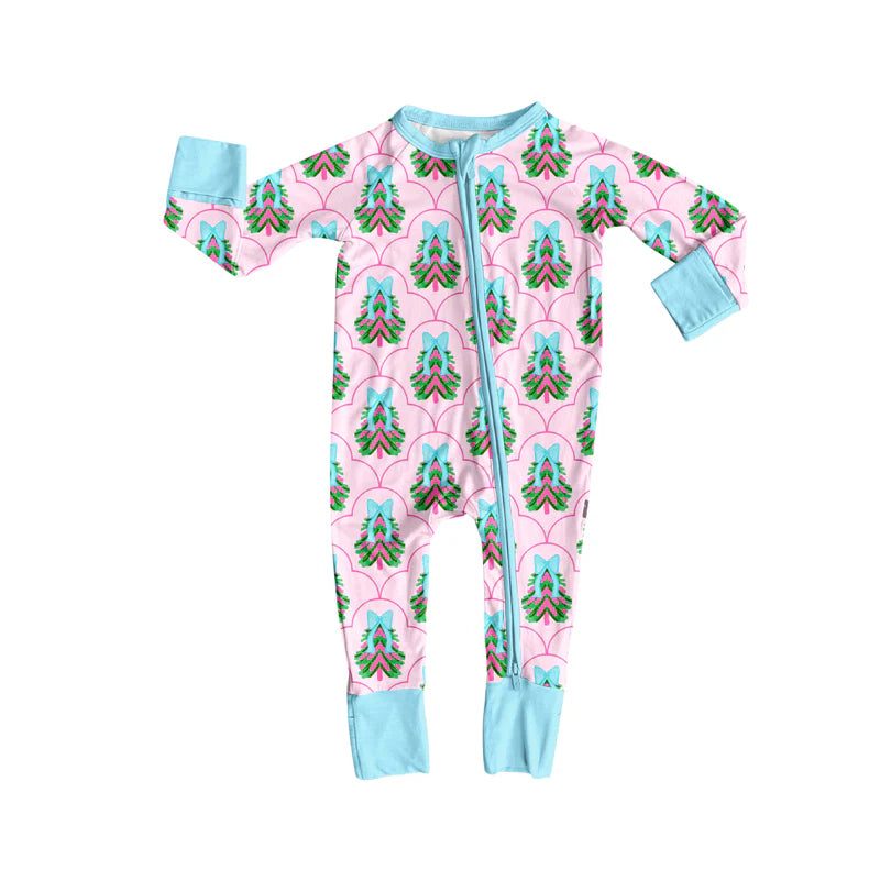 7.15Preorder (moq 5)Baby Girls Long Sleeves Pink Bows Trees Plaid Zipper Romper