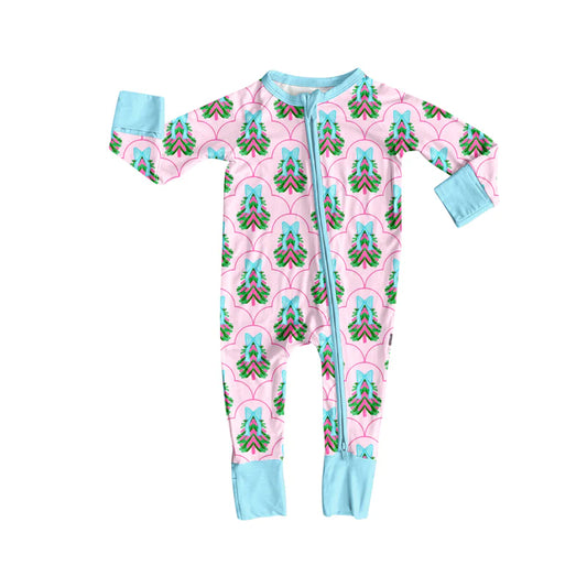 7.15Preorder (moq 5)Baby Girls Long Sleeves Pink Bows Trees Plaid Zipper Romper
