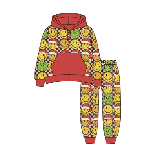 7.30Preorder(moq 5) Baby Boys Long Sleeves Green Face Smiles Plaid Pockets Button Hoodies Pants Set