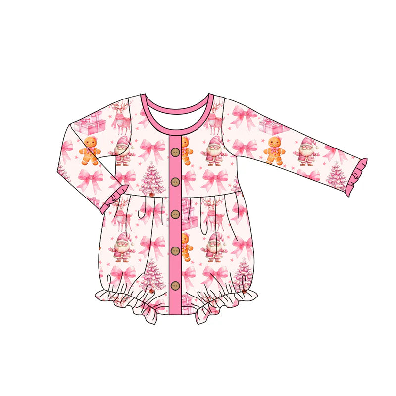 7.15Preorder (moq 5)Baby Girls Long Sleeves Pink Bows Santa Gingerbread Button Ruffle Romper
