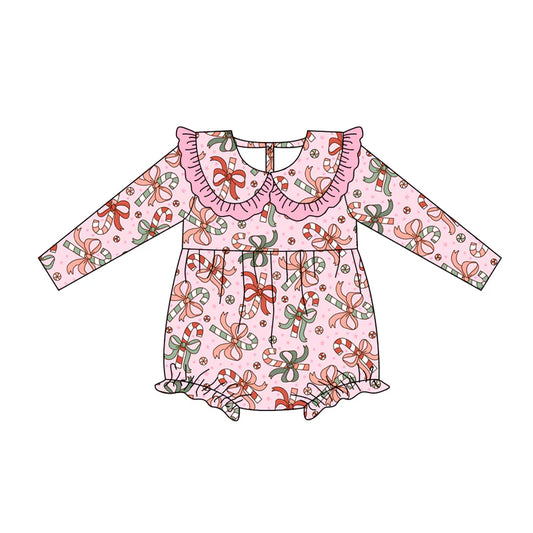 7.15Preorder (moq 5)Baby Girls Long Sleeves Pink Bows Candy Cane Ruffle Romper
