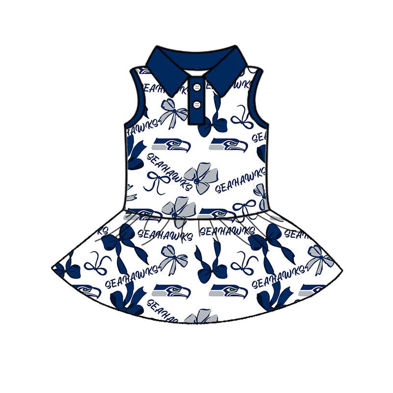 7.1Preorder (moq 5)Baby Girls Blue Sleeveless Bows Plaid Seahawks Button Team Knee Length Dresses