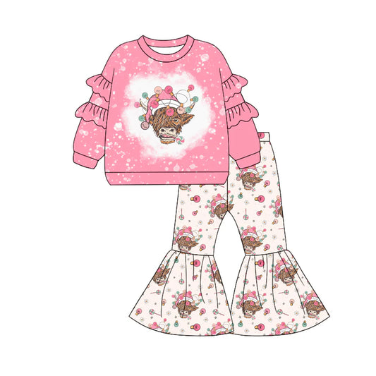 7.16Preorder (moq 5)Baby Girls Long Sleeves Light Highland Cows Top Bell Bottom Pant Set