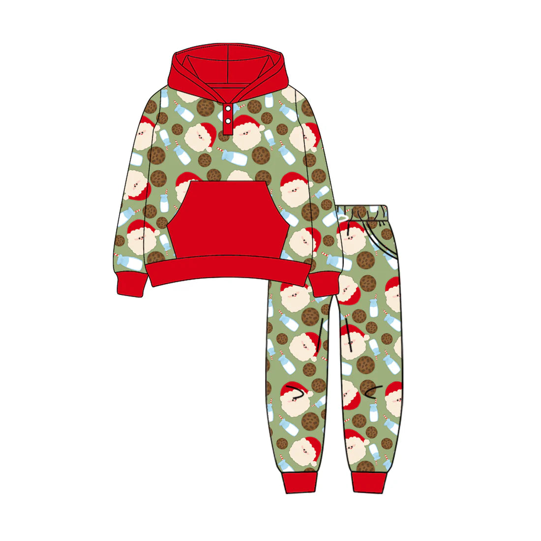 7.11Preorder (moq 5)Baby Boys Green Long Sleeves Santa Milk Button Pockets Hoodies Top Legging Pants Set