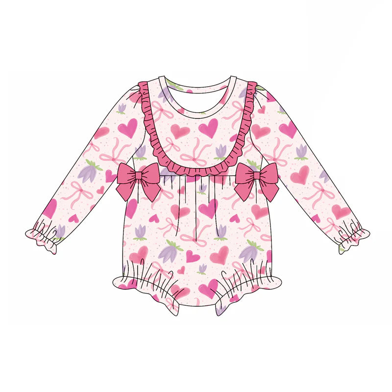 7.19Preorder(moq 5)Baby Girls Pink Hearts Bows Flowers Ruffle Rompers