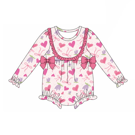 7.19Preorder(moq 5)Baby Girls Pink Hearts Bows Flowers Ruffle Rompers