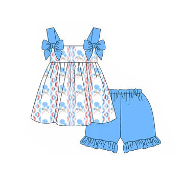 5.7 Blue Cute Flower Bow Girls Suit