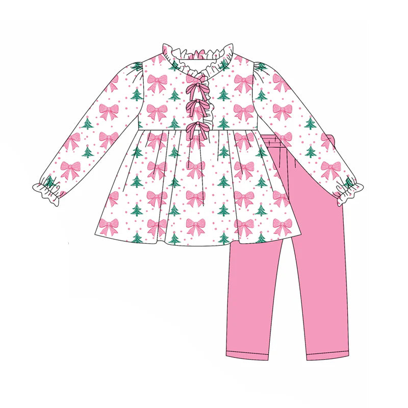 7.31preorder(moq 5) Baby Girls Pink Bows Polka Dots Christmas Trees Tunic Legging Pants Set