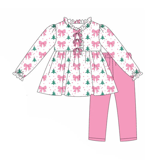 7.31preorder(moq 5) Baby Girls Pink Bows Polka Dots Christmas Trees Tunic Legging Pants Set