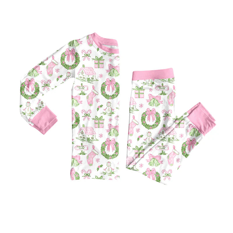 7.21Preorder (moq 5)Baby Girls Long Sleeves Holly Bows Snowman Plaid Top Pants Pajamas Set