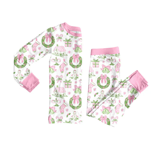 7.21Preorder (moq 5)Baby Girls Long Sleeves Holly Bows Snowman Plaid Top Pants Pajamas Set