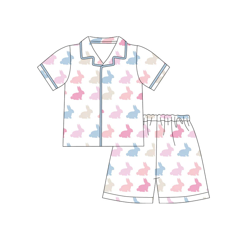 X12.17 Preorder (moq 5)Baby Girls Colorful Rabbits Button Top Shorts Easter Pajamas Sets
