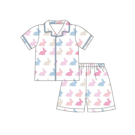 X12.17 Preorder (moq 5)Baby Girls Colorful Rabbits Button Top Shorts Easter Pajamas Sets