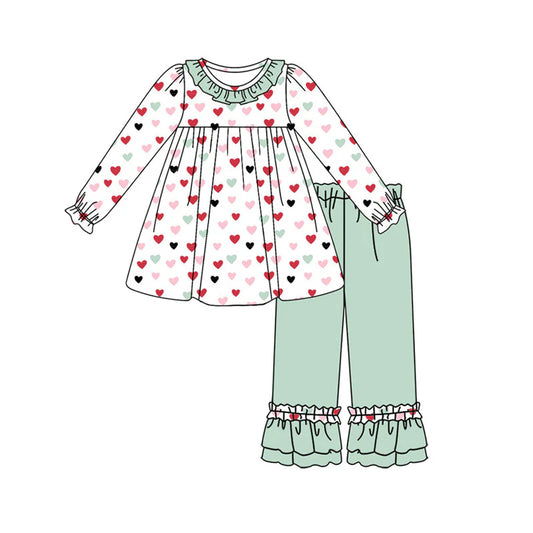 X922Preorder (moq 5)Baby Girls Long Sleeve Colorful Hearts Tunic Ruffle Pants Valentine Clothes Sets