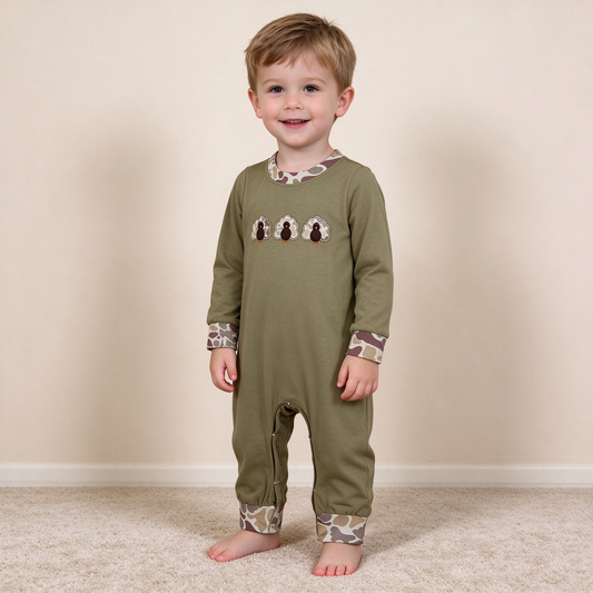 NEW RTS NO MOQ milk silk LR3109 Embroidery Camo Turkey Baby Boys Thanksgiving Pant Rompers