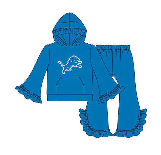 X1.12 Preorder(moq 5)Baby Girls Blue Tigers Pocket Hoodie Bell Bottom Pants Team Clothes Sets