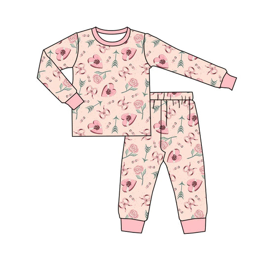 X1.16Preorder (moq 5)Baby Girls Flower Hearts XOXO Top Pants Valentines Pajamas Sets