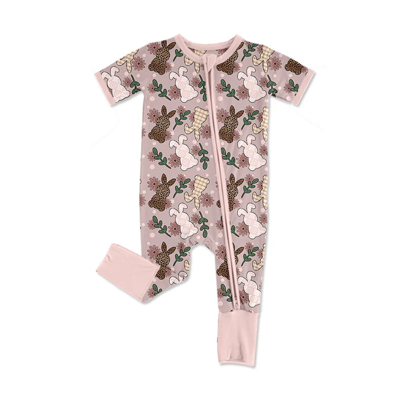 X12.16 Preorder (moq 5)Baby Girls Leopard Rabbits Easter Two Way Zip Convertible Rompers