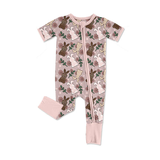 X12.16 Preorder (moq 5)Baby Girls Leopard Rabbits Easter Two Way Zip Convertible Rompers