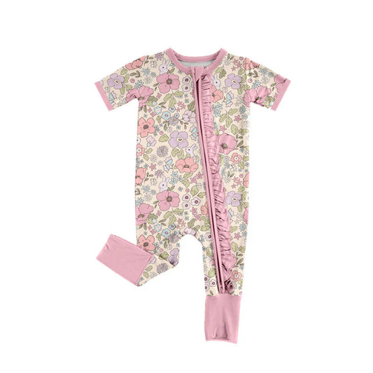 X919 Preorder (moq 5)Baby Girls Flowers Rabbits Easter Ruffle Zipper Footie Rompers