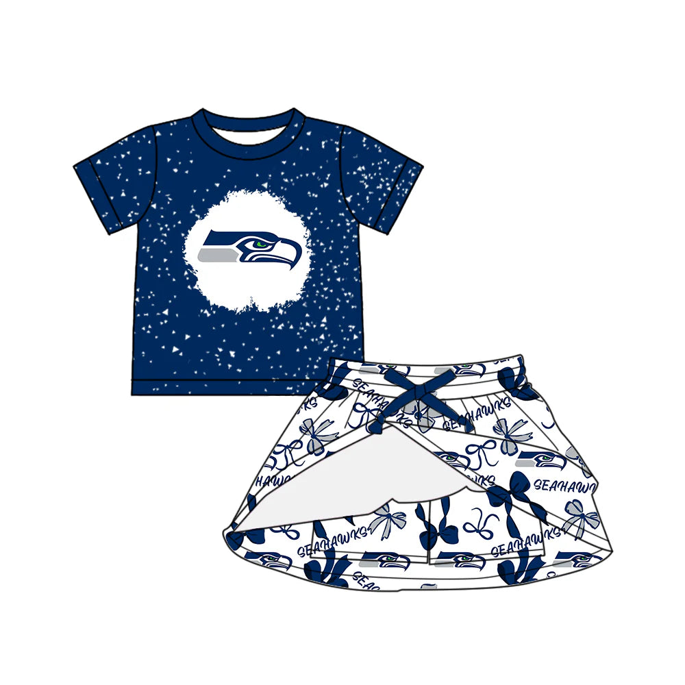7.1Preorder (moq 5)Baby Girls Blue Short Sleeves Seahawks Top Bows Plaid Skorts Team Set