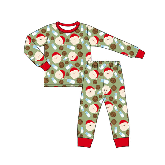 7.12Preorder (moq 5)Baby Boys Green Long Sleeves Santa Milks Plaid Top Pant Pajamas Set