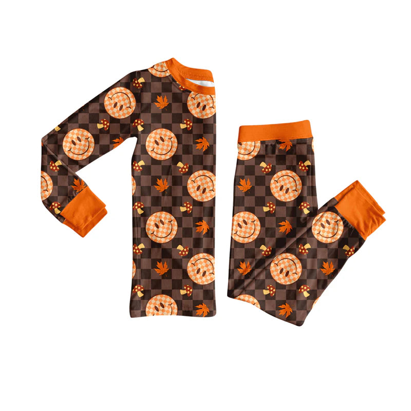 7.10Preorder (moq 5)Baby Girls Long Sleeves Brown Plaid Smiles Leaves Top Pant Pajamas Clothes Set