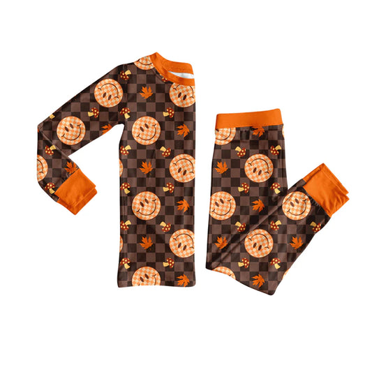 7.10Preorder (moq 5)Baby Girls Long Sleeves Brown Plaid Smiles Leaves Top Pant Pajamas Clothes Set